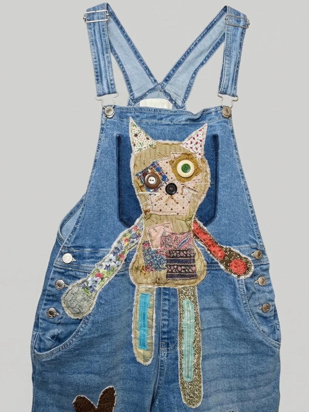 OOAK Patchwork Cat Overalls Dopamine Dressing Upcycled Denim Boho Medium - Picture 3 of 8